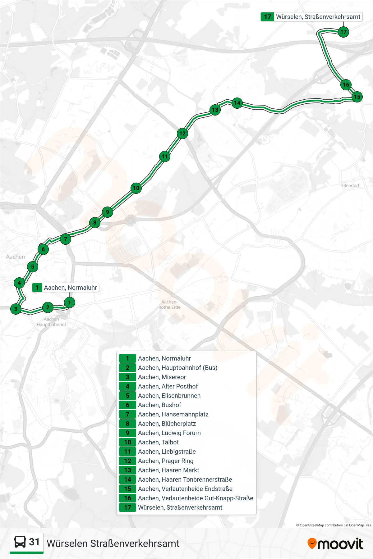 Linie 31 (Bus) Richtung Würselen Straßenverkehrsamt: Route und Haltestellen auf der Karte