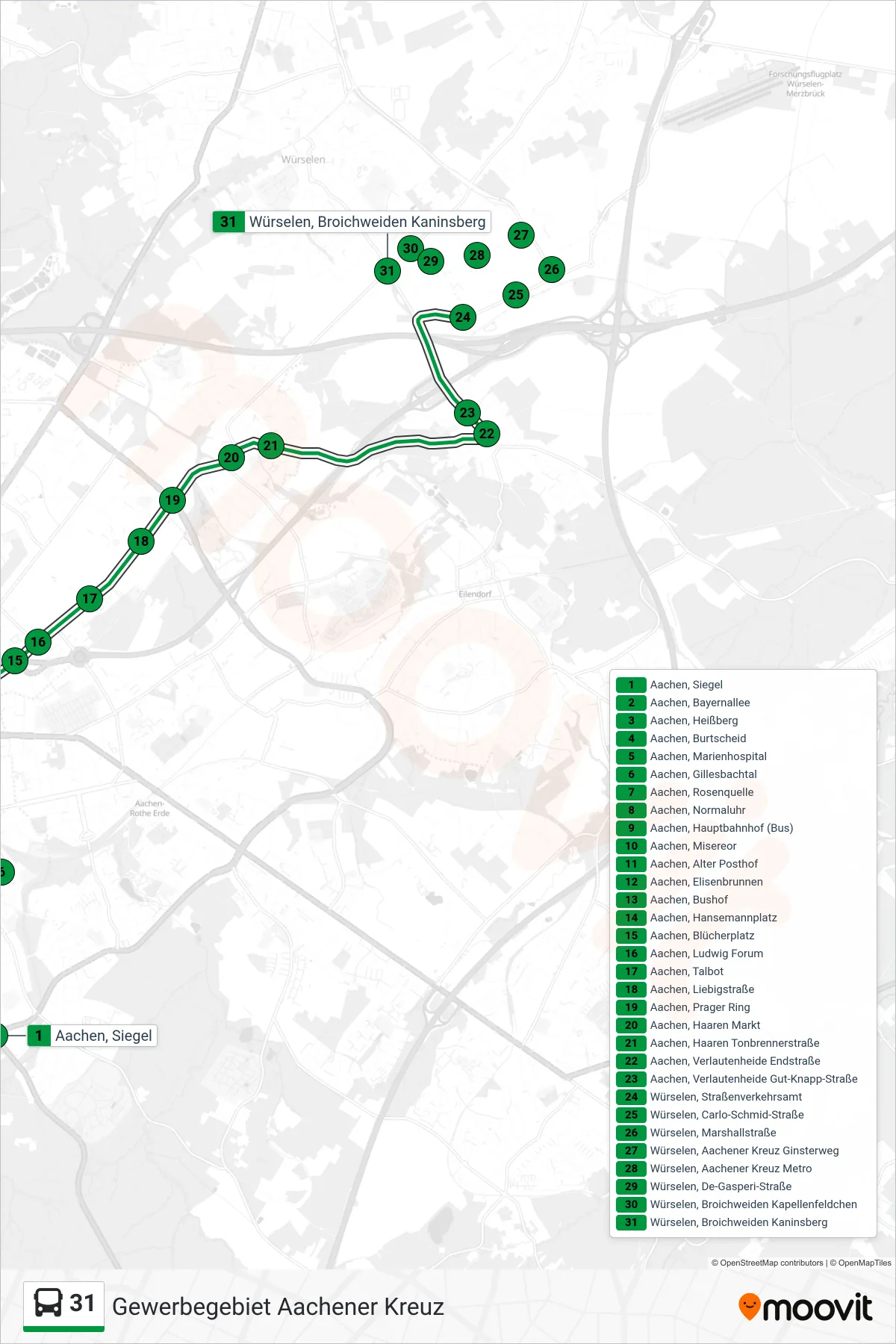 Linie 31 (Bus) Richtung Gewerbegebiet Aachener Kreuz: Route und Haltestellen auf der Karte
