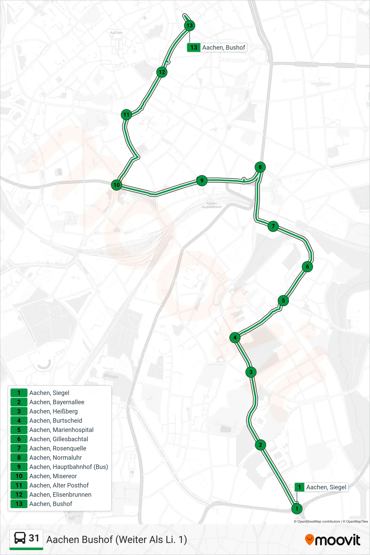 Linie 31 (Bus) Richtung Aachen Bushof (Weiter Als Li. 1): Route und Haltestellen auf der Karte