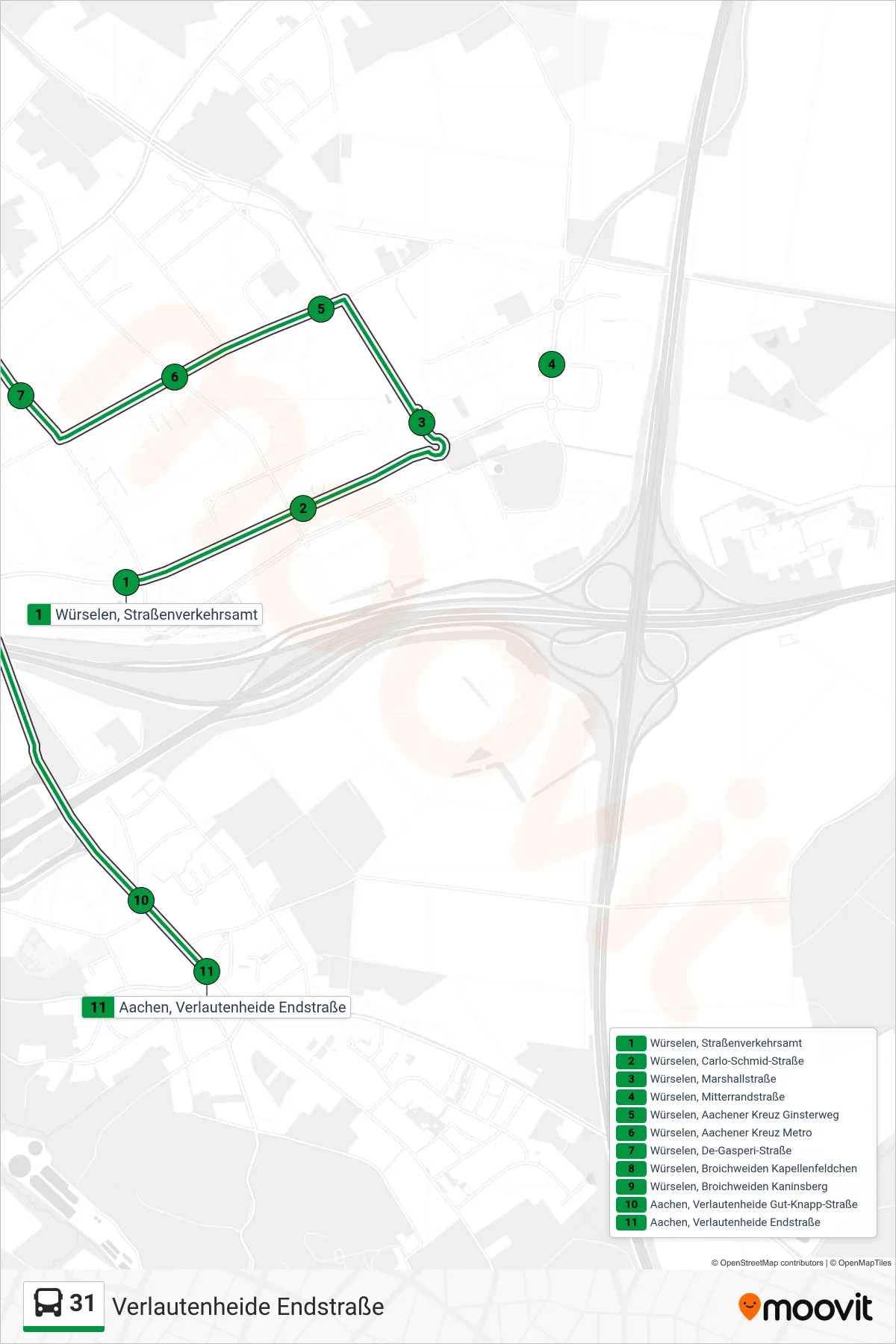 Linie 31 (Bus) Richtung Verlautenheide Endstraße: Route und Haltestellen auf der Karte