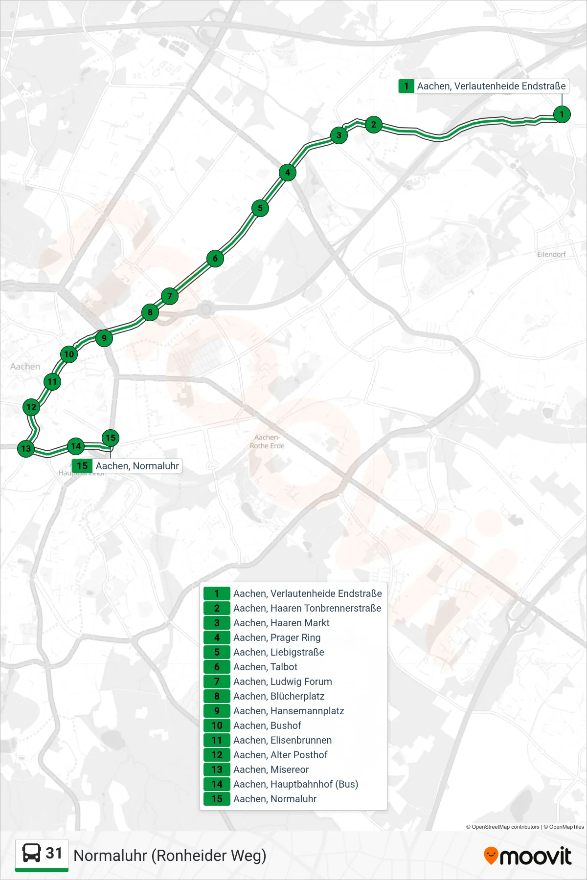 Linie 31 (Bus) Richtung Normaluhr (Ronheider Weg): Route und Haltestellen auf der Karte