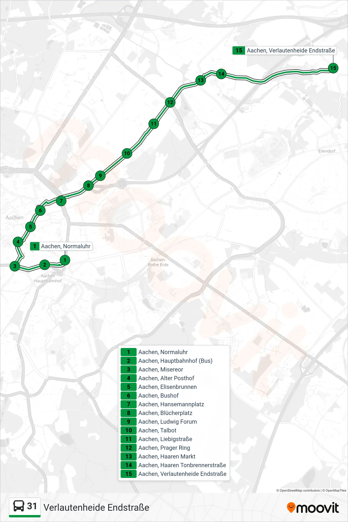 Linie 31 (Bus) Richtung Verlautenheide Endstraße: Route und Haltestellen auf der Karte