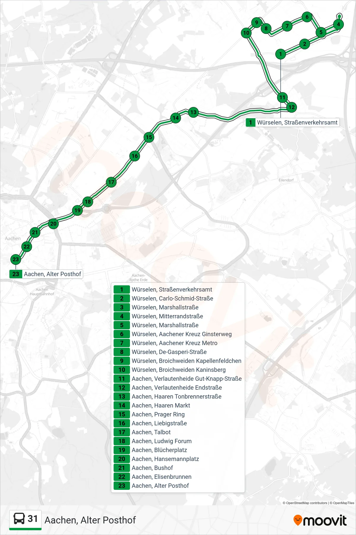 Linie 31 (Bus) Richtung Aachen, Alter Posthof: Route und Haltestellen auf der Karte