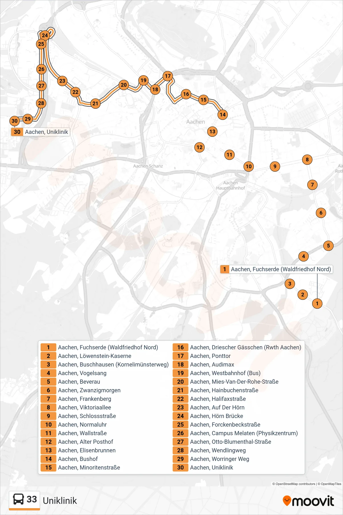 Linie 33 (Bus) Richtung Uniklinik: Route und Haltestellen auf der Karte
