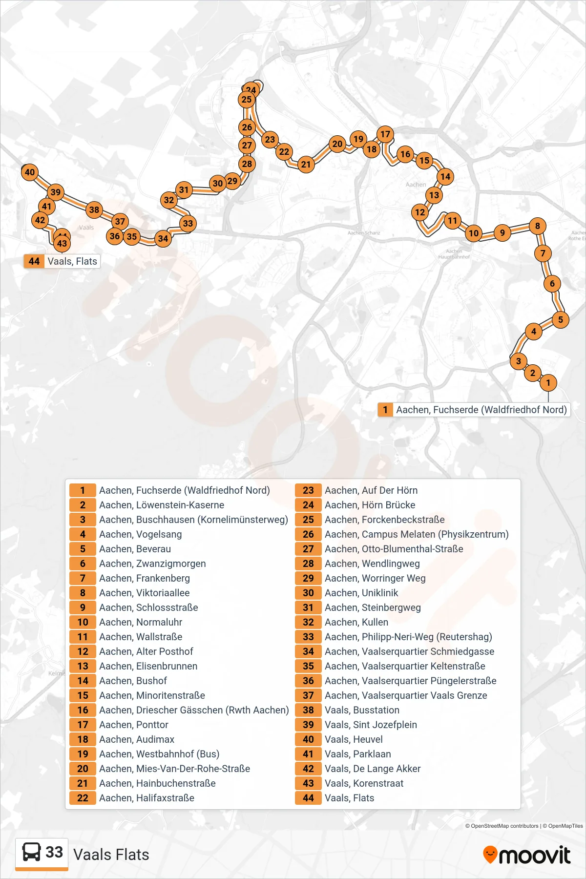 Linie 33 (Bus) Richtung Vaals Flats: Route und Haltestellen auf der Karte