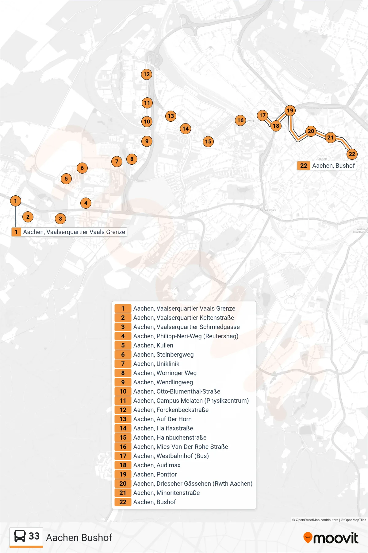 Linie 33 (Bus) Richtung Aachen Bushof: Route und Haltestellen auf der Karte