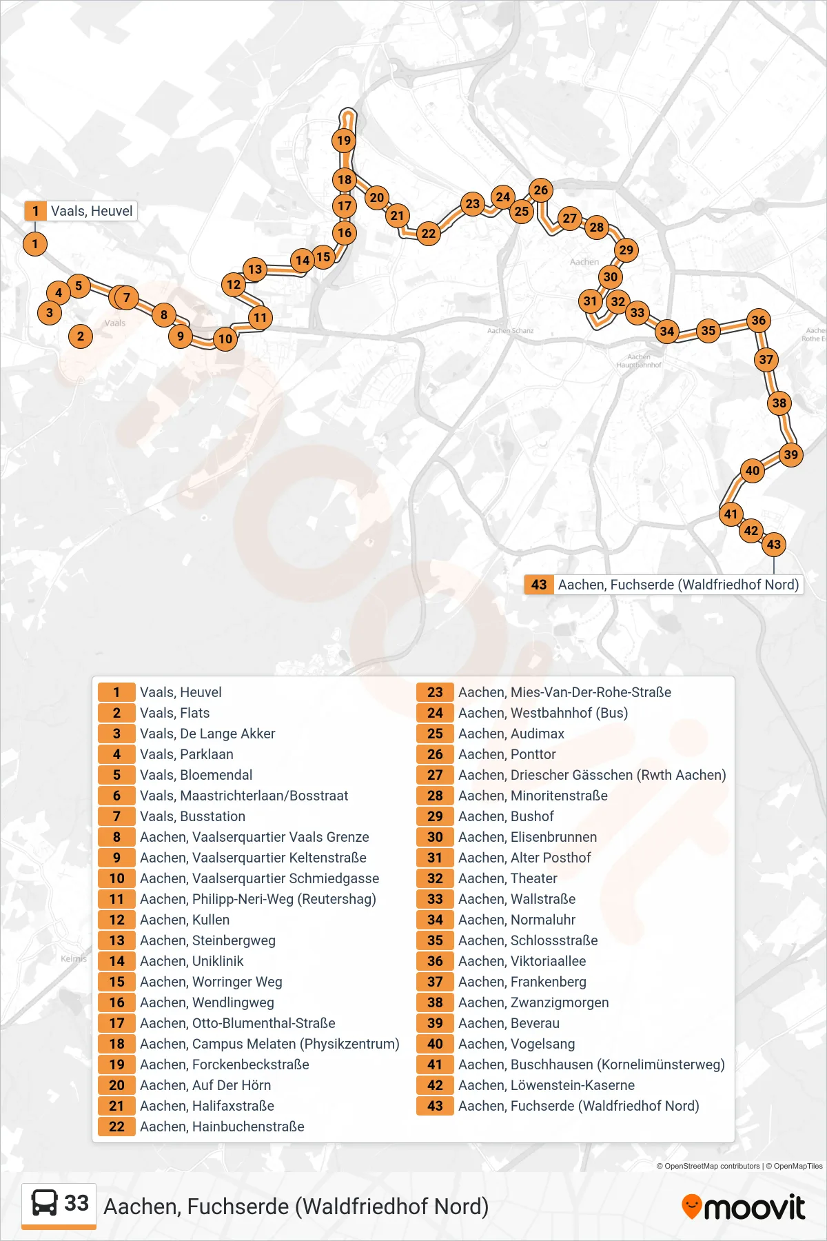 Linie 33 (Bus) Richtung Aachen, Fuchserde (Waldfriedhof Nord): Route und Haltestellen auf der Karte