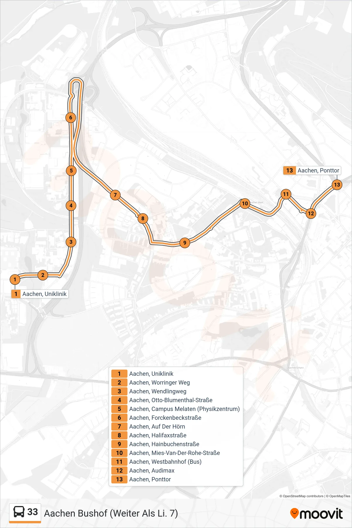 Linie 33 (Bus) Richtung Aachen Bushof (Weiter Als Li. 7): Route und Haltestellen auf der Karte