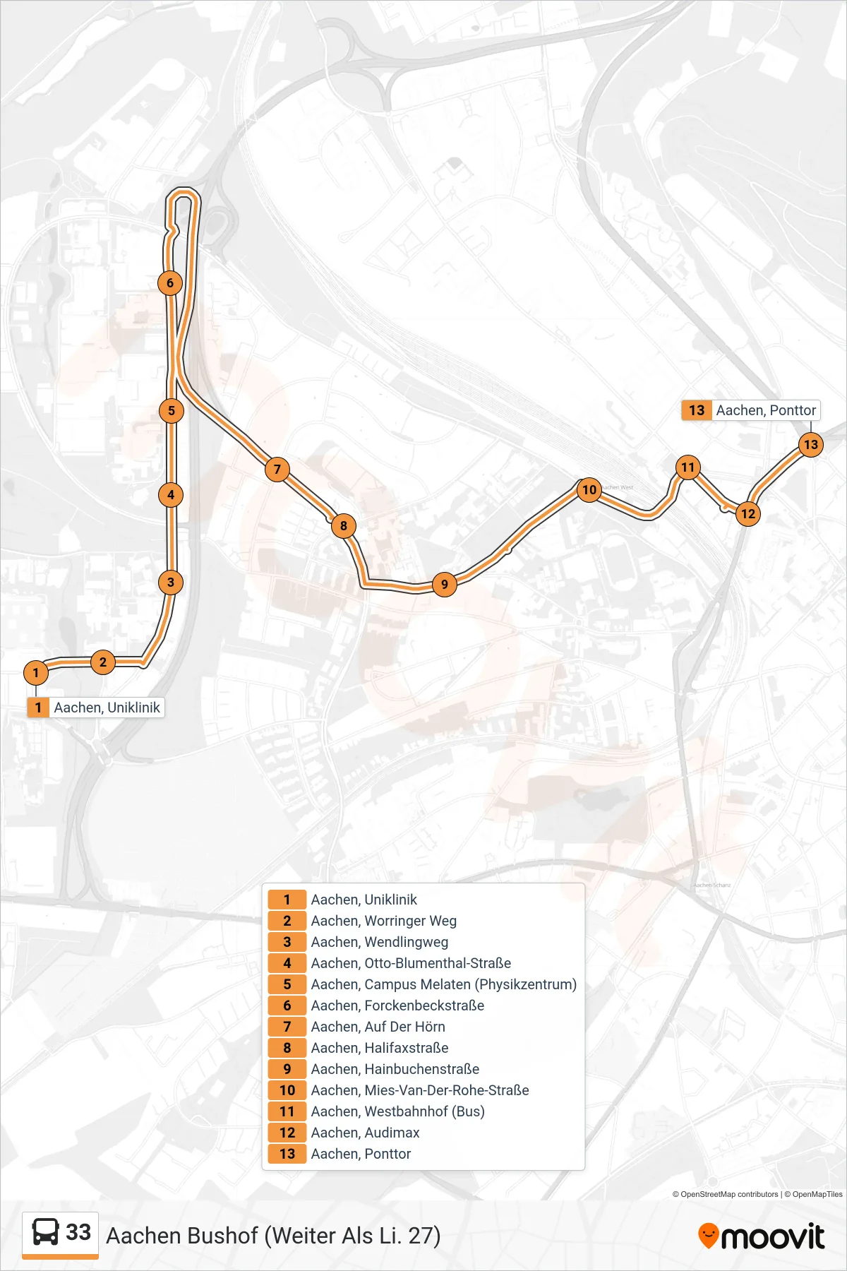 33 bus Line (Aachen Bushof (Weiter Als Li. 27)) route and stops on a map