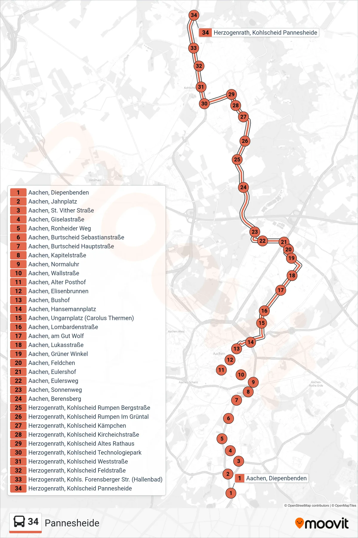 34 bus Line (Pannesheide) route and stops on a map