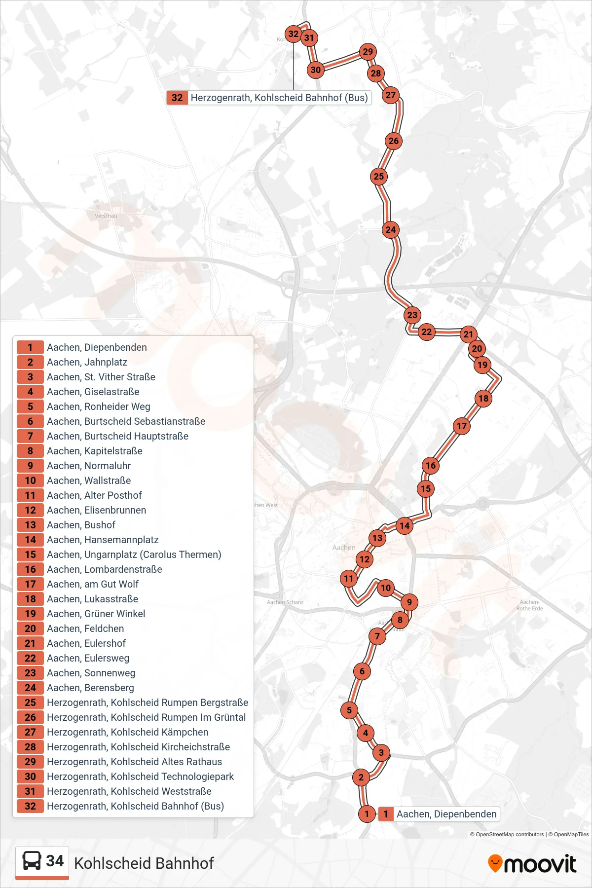 34 bus Line (Kohlscheid Bahnhof) route and stops on a map