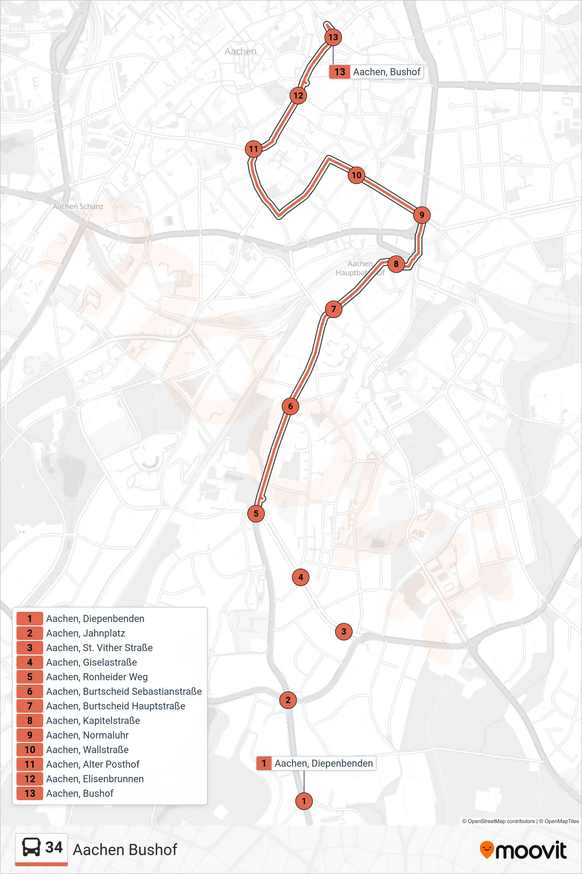 34 bus Line (Aachen Bushof) route and stops on a map