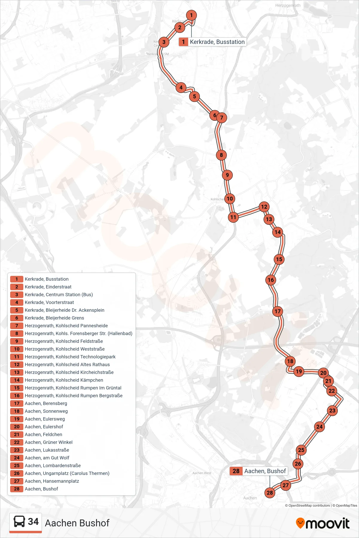 34 bus Line (Aachen Bushof) route and stops on a map