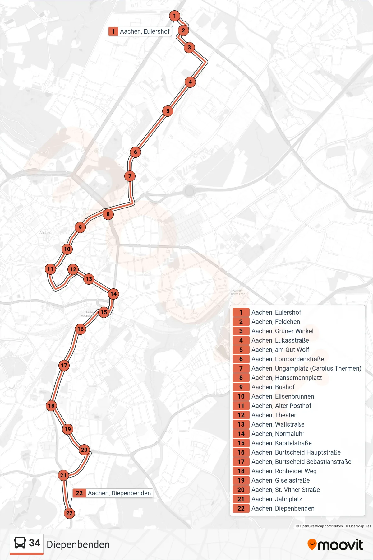 34 bus Line (Diepenbenden) route and stops on a map