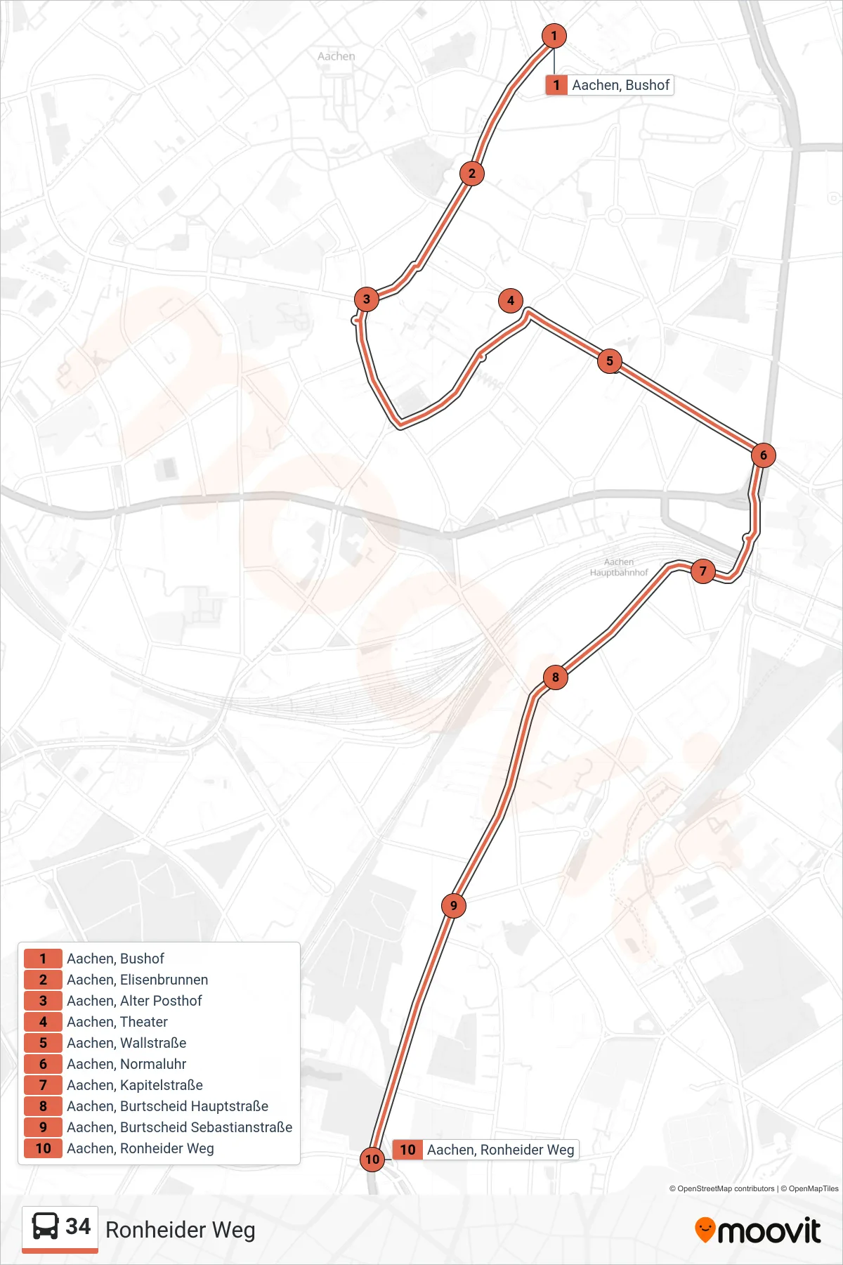 34 bus Line (Ronheider Weg) route and stops on a map