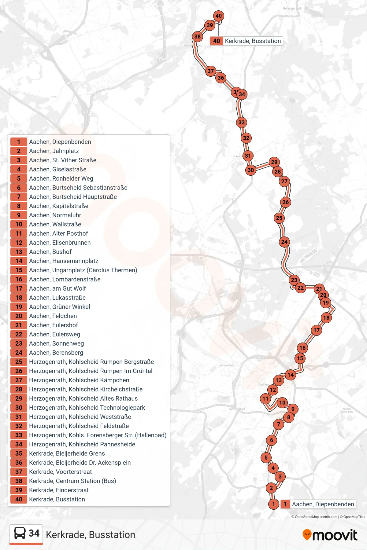 34 bus Line (Kerkrade, Busstation) route and stops on a map