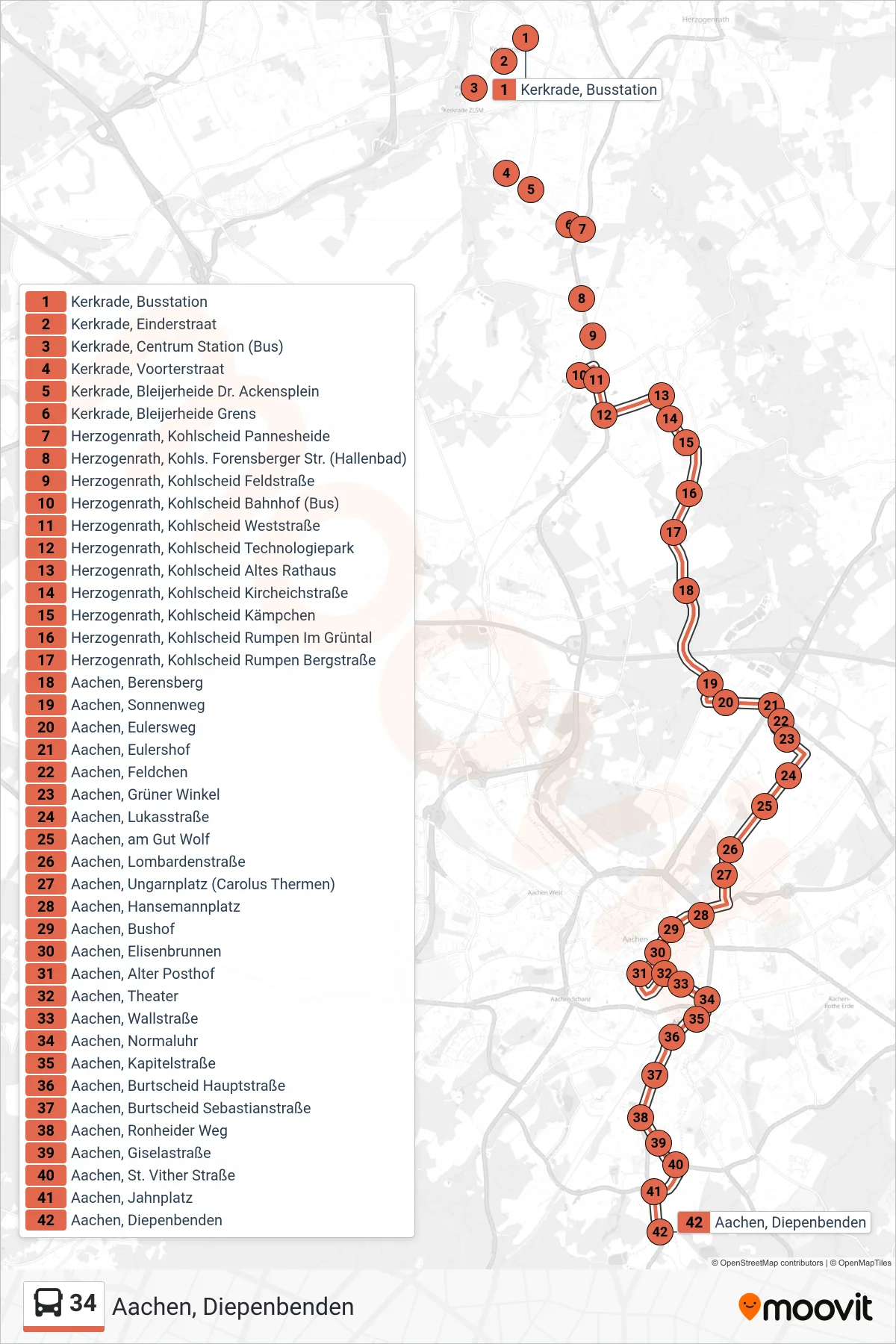 34 bus Line (Aachen, Diepenbenden) route and stops on a map