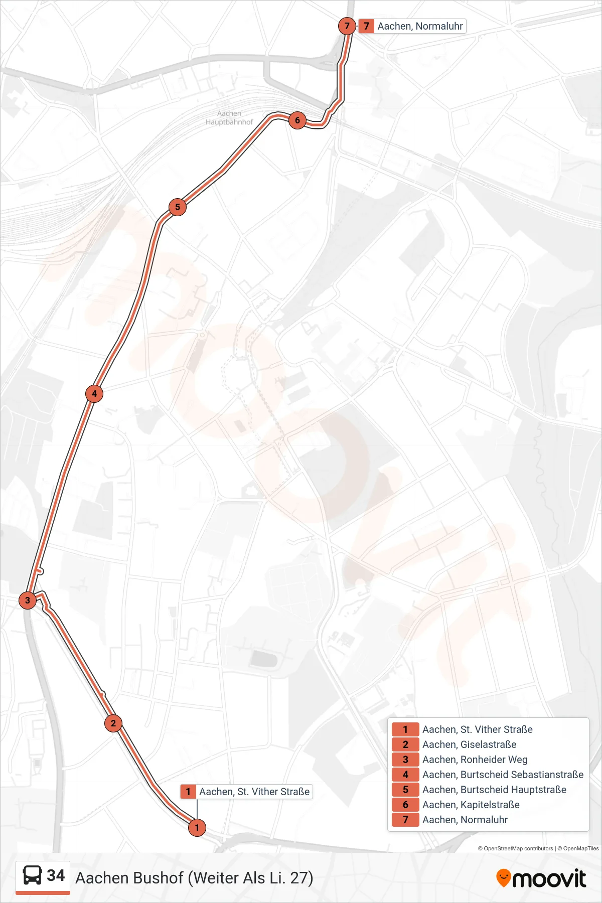 34 bus Line (Aachen Bushof (Weiter Als Li. 27)) route and stops on a map