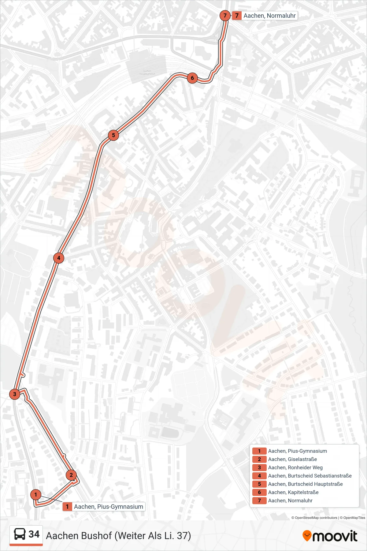 34 bus Line (Aachen Bushof (Weiter Als Li. 37)) route and stops on a map