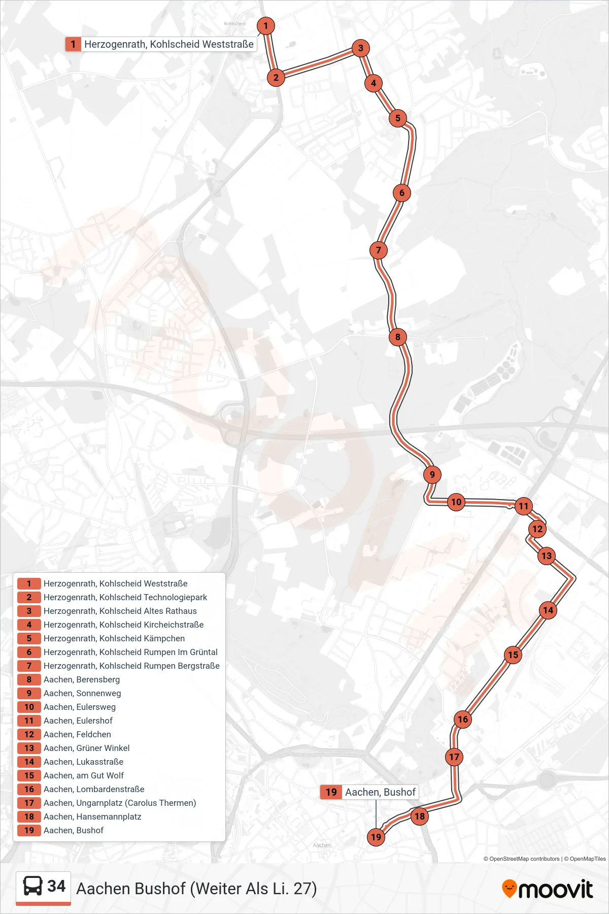 34 bus Line (Aachen Bushof (Weiter Als Li. 27)) route and stops on a map