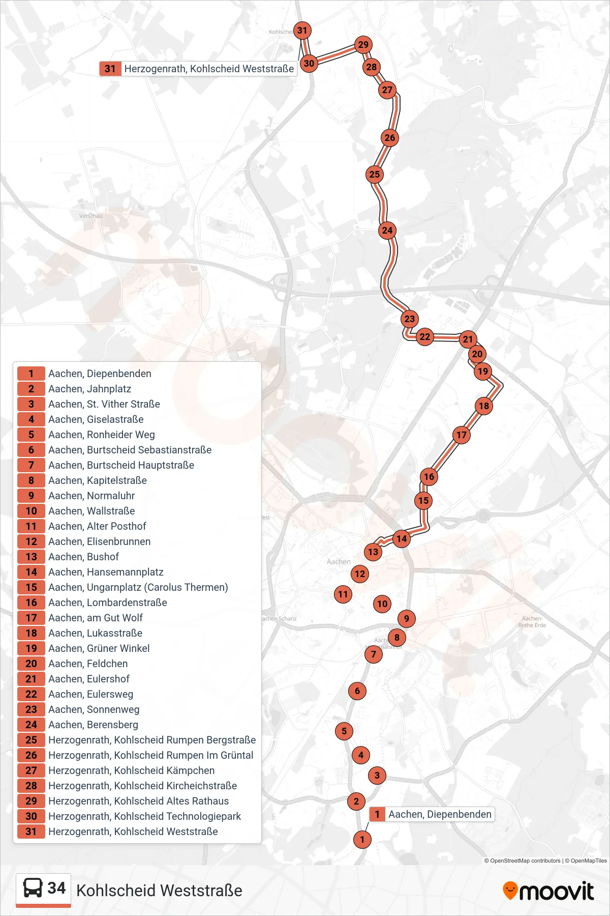 34 bus Line (Kohlscheid Weststraße) route and stops on a map