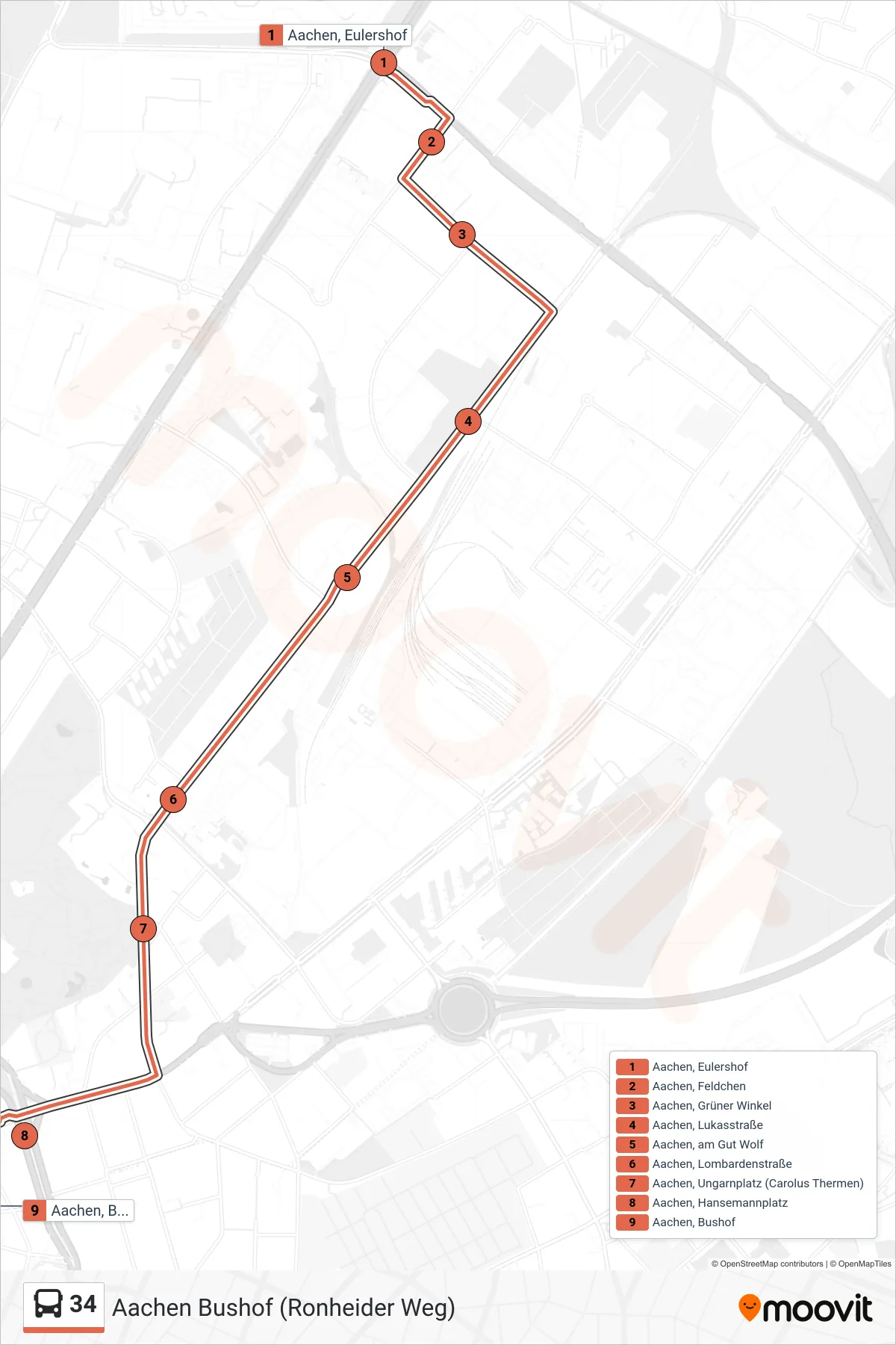 Linie 34 (Bus) Richtung Aachen Bushof (Ronheider Weg): Route und Haltestellen auf der Karte