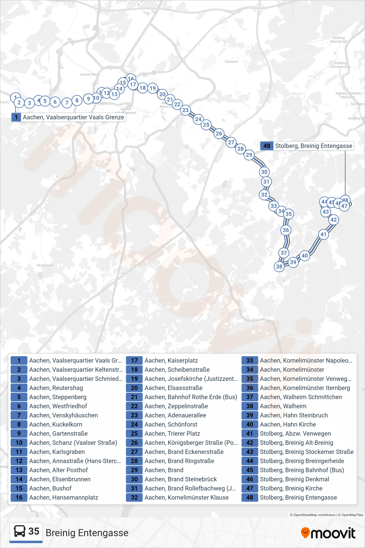 35 bus Line (Breinig Entengasse) route and stops on a map