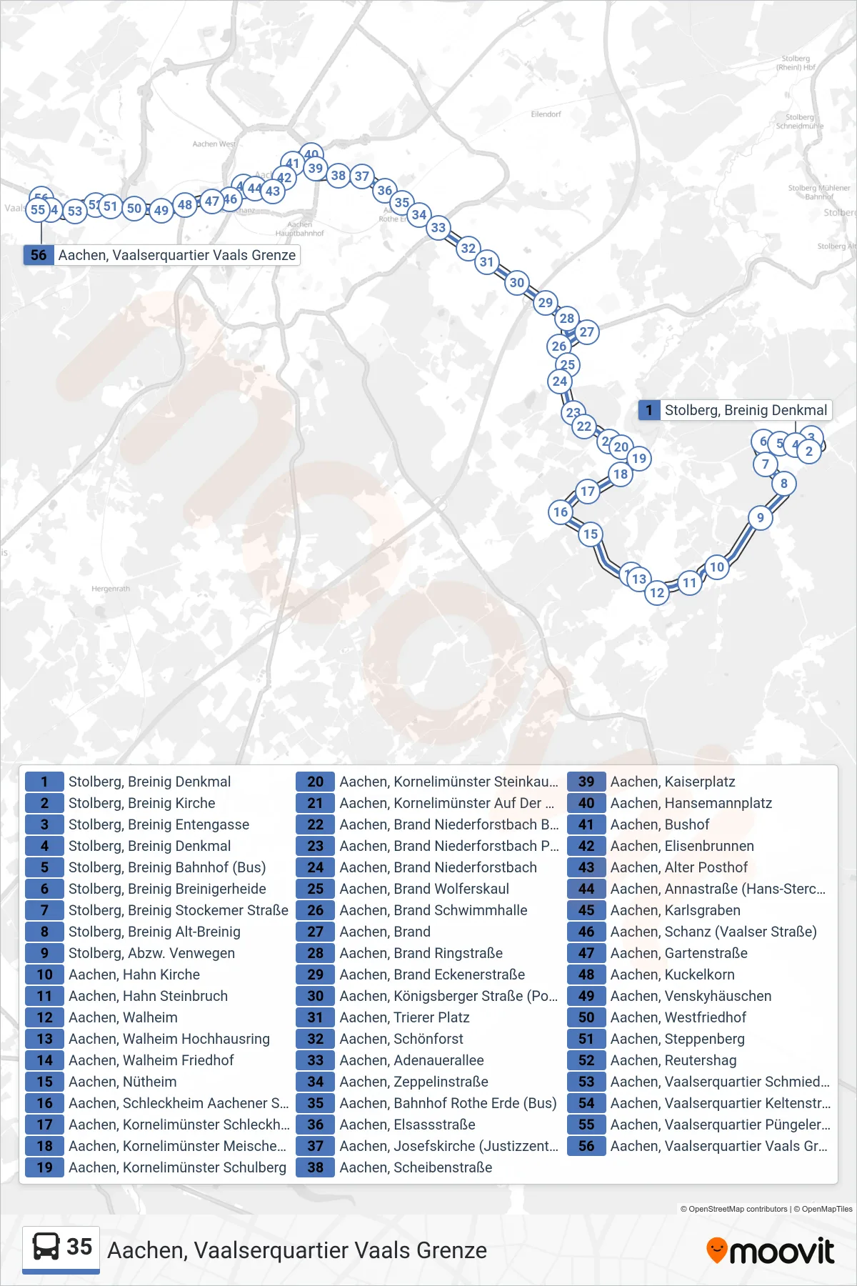 Linie 35 (Bus) Richtung Aachen, Vaalserquartier Vaals Grenze: Route und Haltestellen auf der Karte