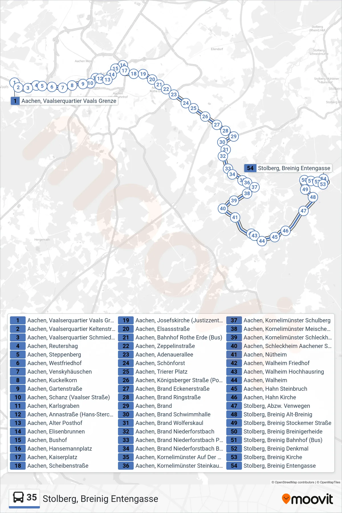 Linie 35 (Bus) Richtung Stolberg, Breinig Entengasse: Route und Haltestellen auf der Karte