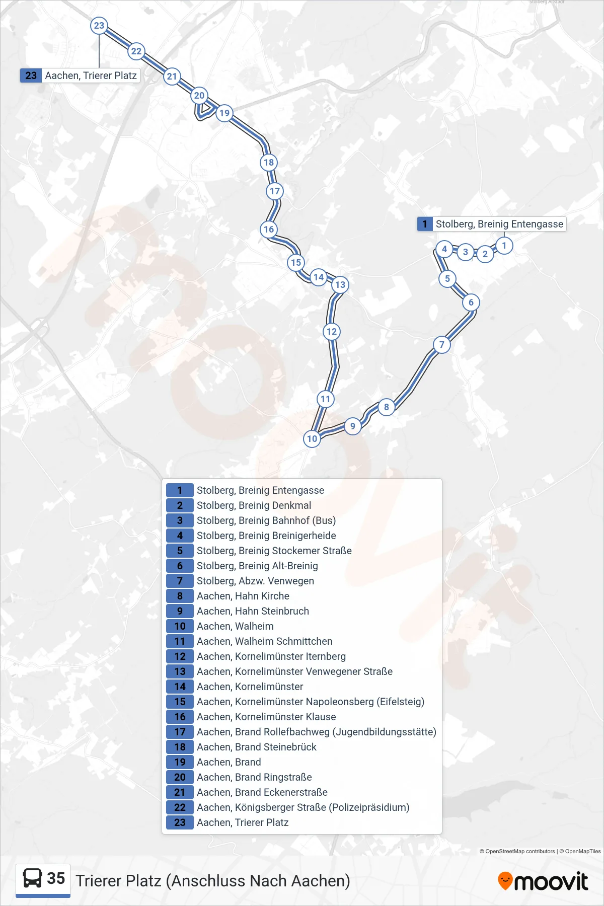 Linie 35 (Bus) Richtung Trierer Platz (Anschluss Nach Aachen): Route und Haltestellen auf der Karte