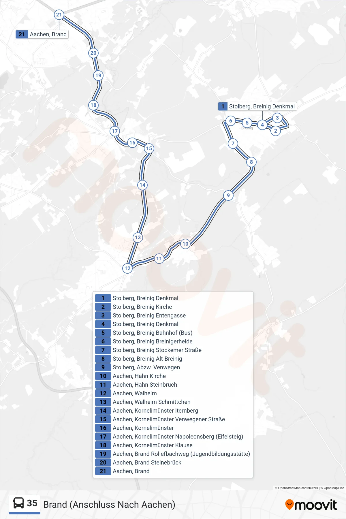 35 bus Line (Brand (Anschluss Nach Aachen)) route and stops on a map