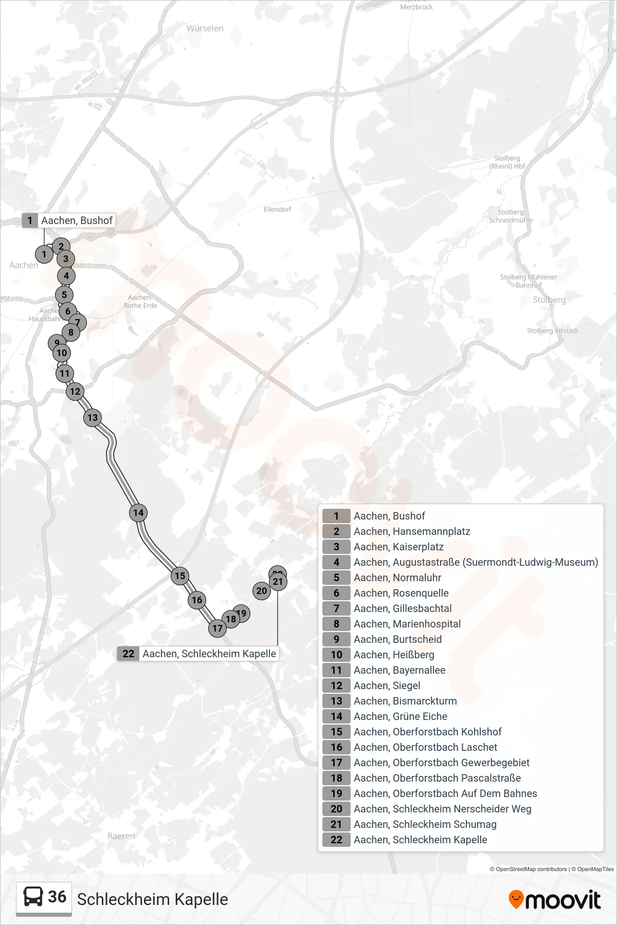 Linie 36 (Bus) Richtung Schleckheim Kapelle: Route und Haltestellen auf der Karte