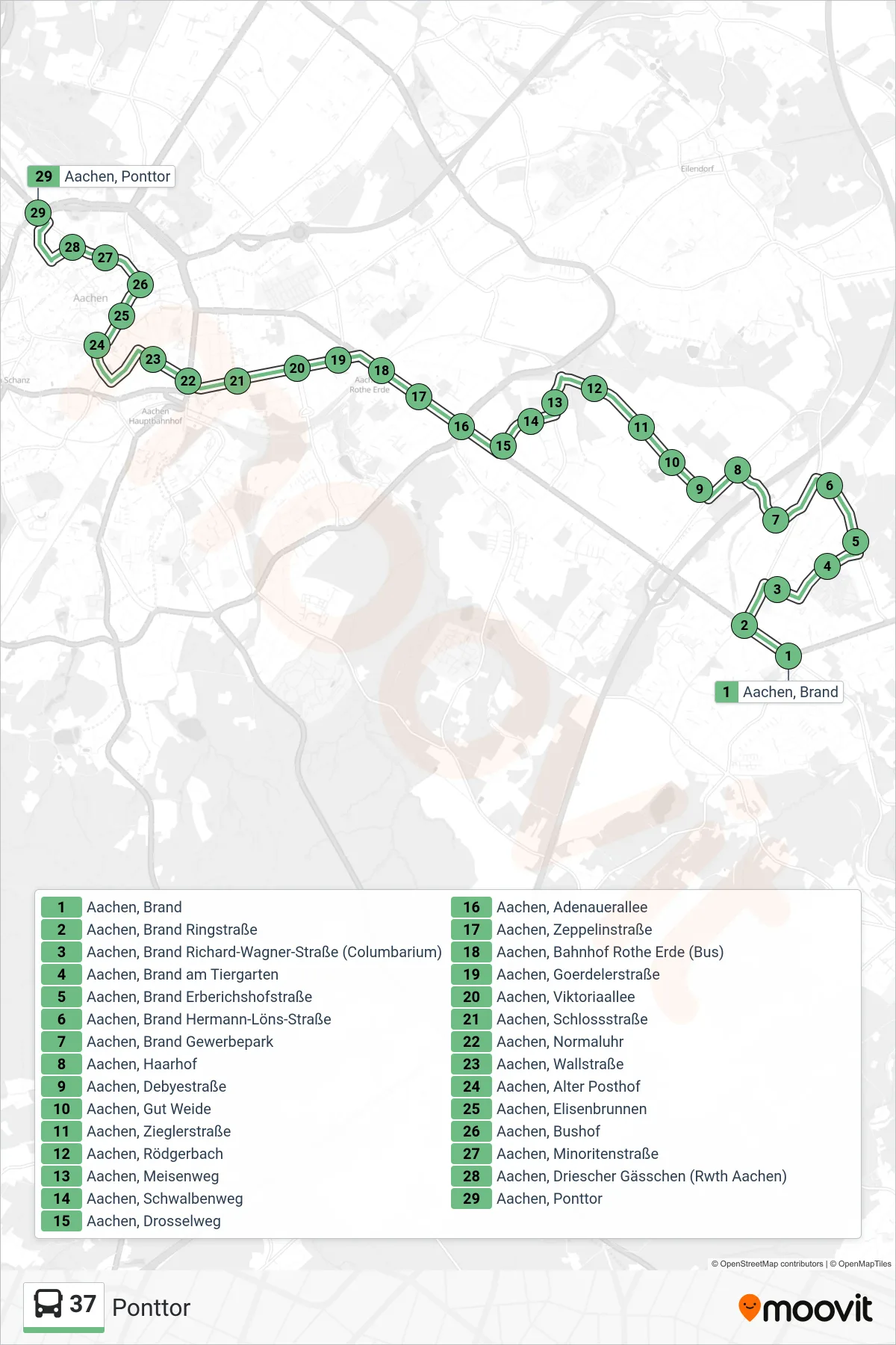 37 bus Line (Ponttor) route and stops on a map