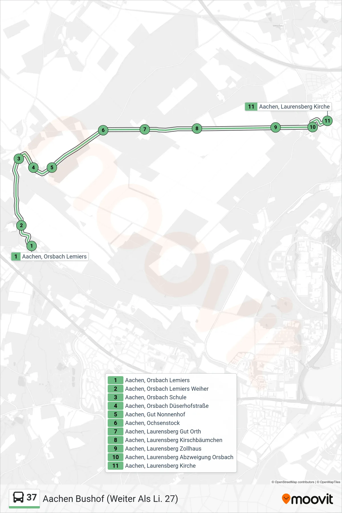 Linie 37 (Bus) Richtung Aachen Bushof (Weiter Als Li. 27): Route und Haltestellen auf der Karte