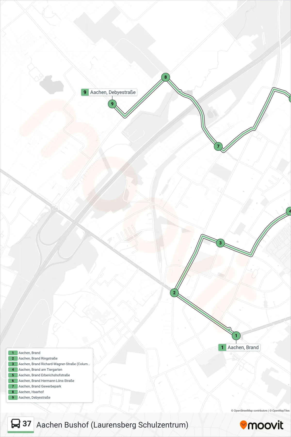 Linie 37 (Bus) Richtung Aachen Bushof (Laurensberg Schulzentrum): Route und Haltestellen auf der Karte