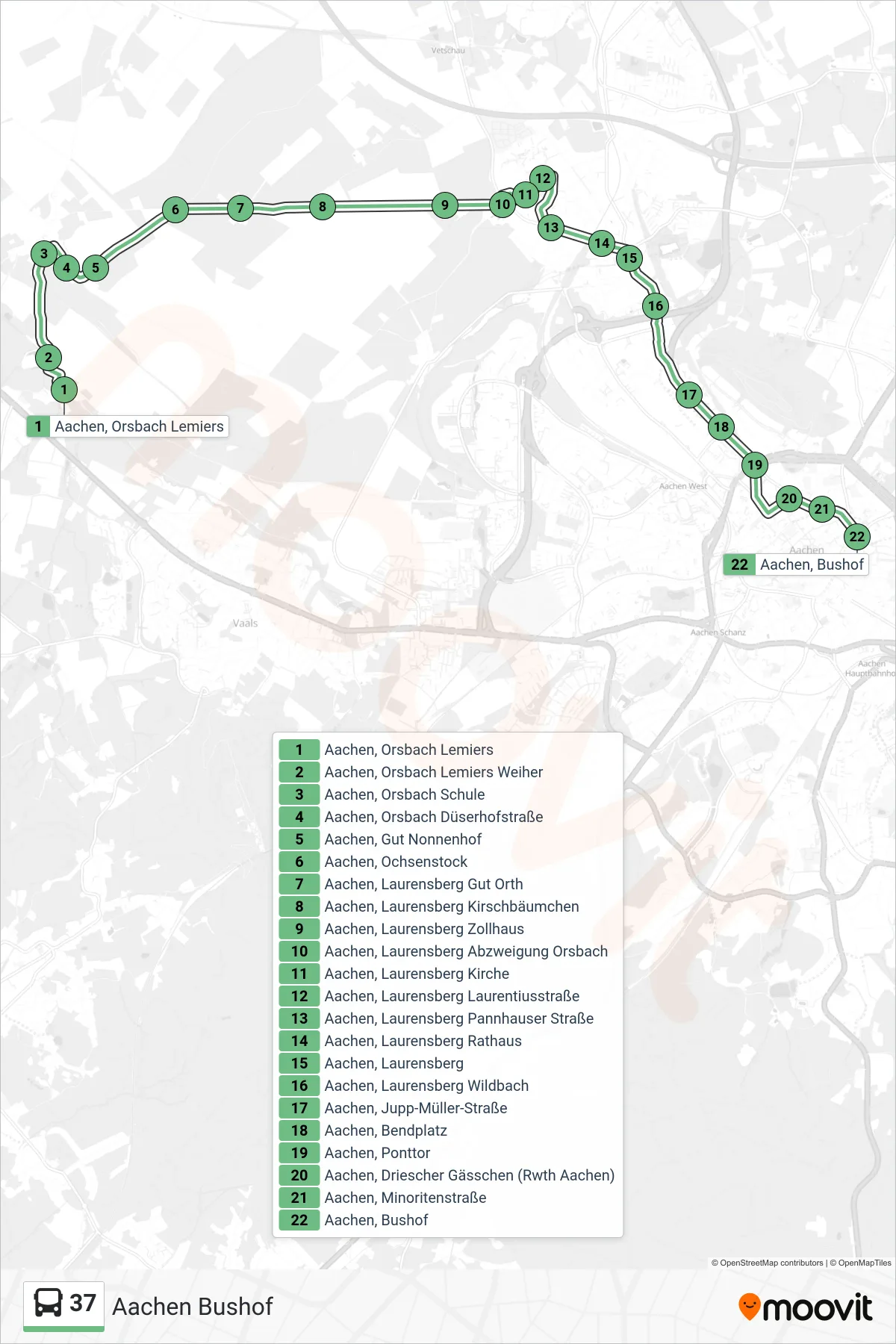 37 bus Line (Aachen Bushof) route and stops on a map