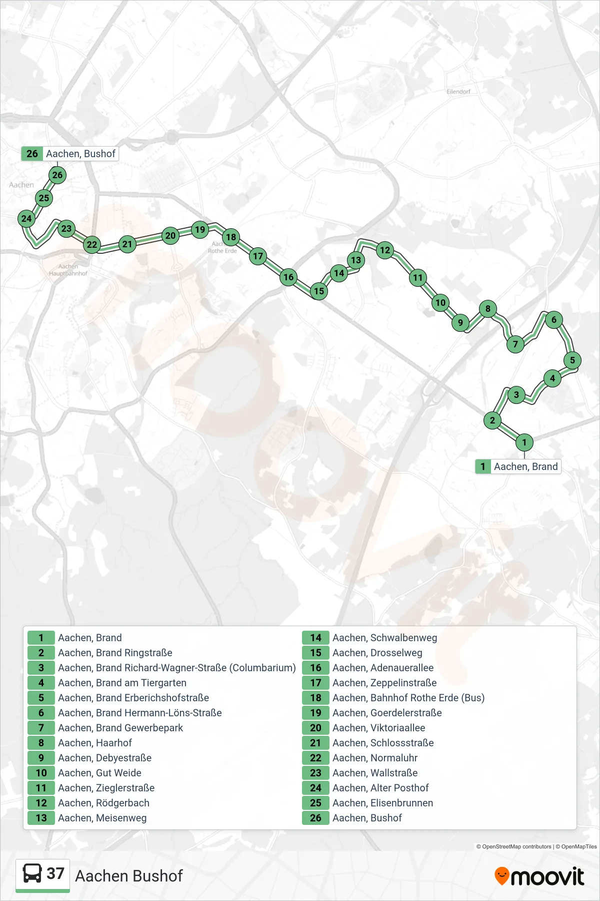 Linie 37 (Bus) Richtung Aachen Bushof: Route und Haltestellen auf der Karte