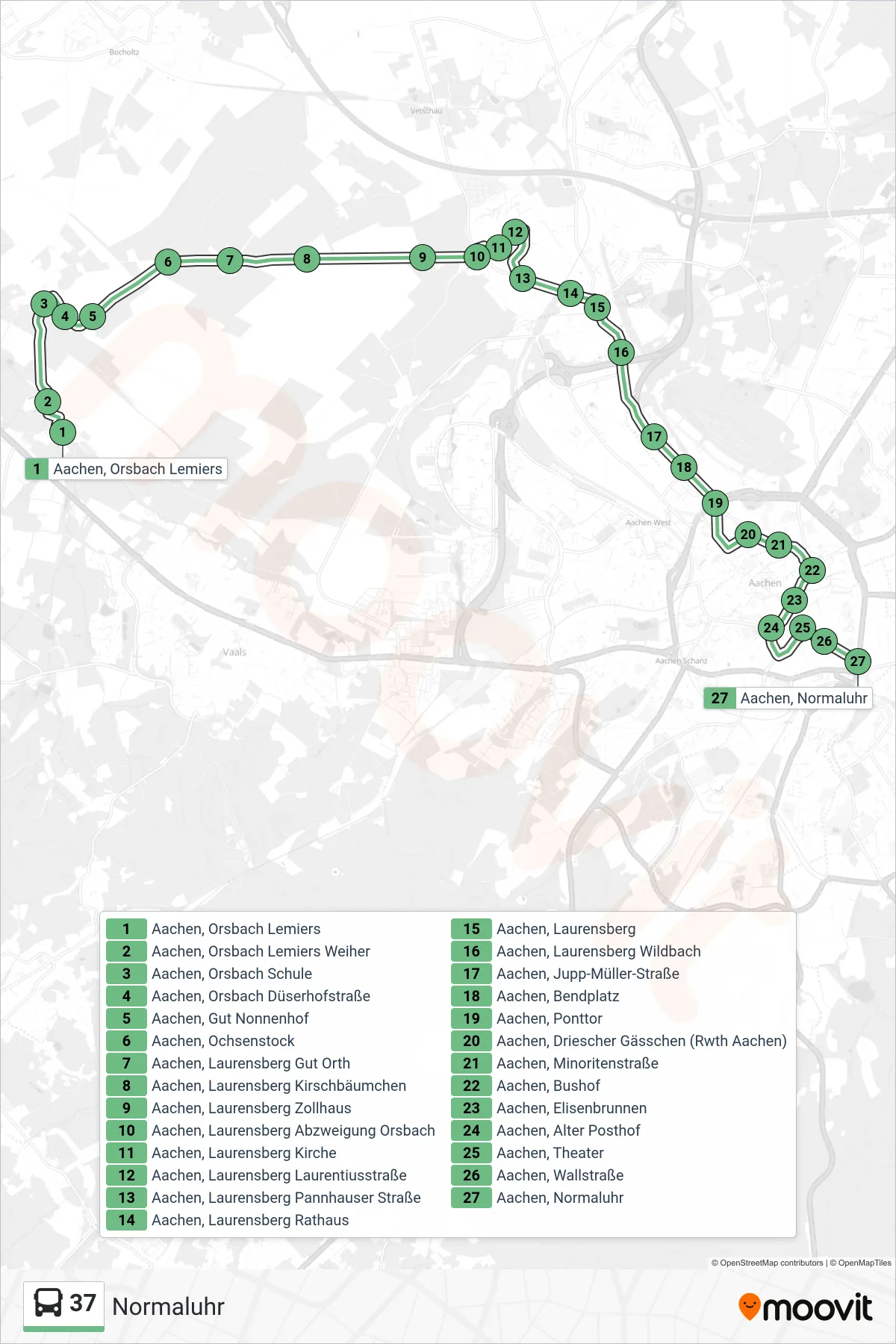 Linie 37 (Bus) Richtung Normaluhr: Route und Haltestellen auf der Karte