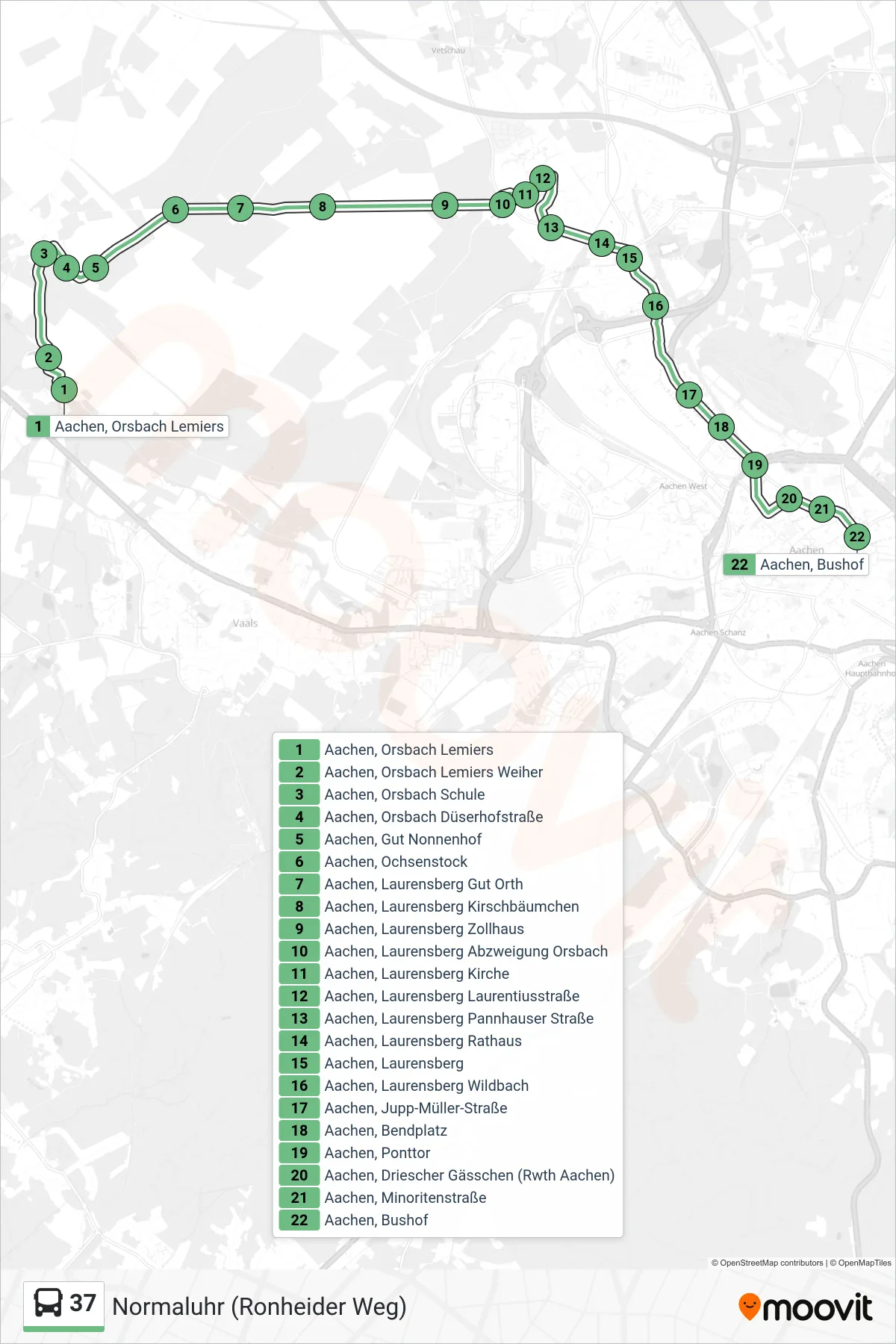 Linie 37 (Bus) Richtung Normaluhr (Ronheider Weg): Route und Haltestellen auf der Karte