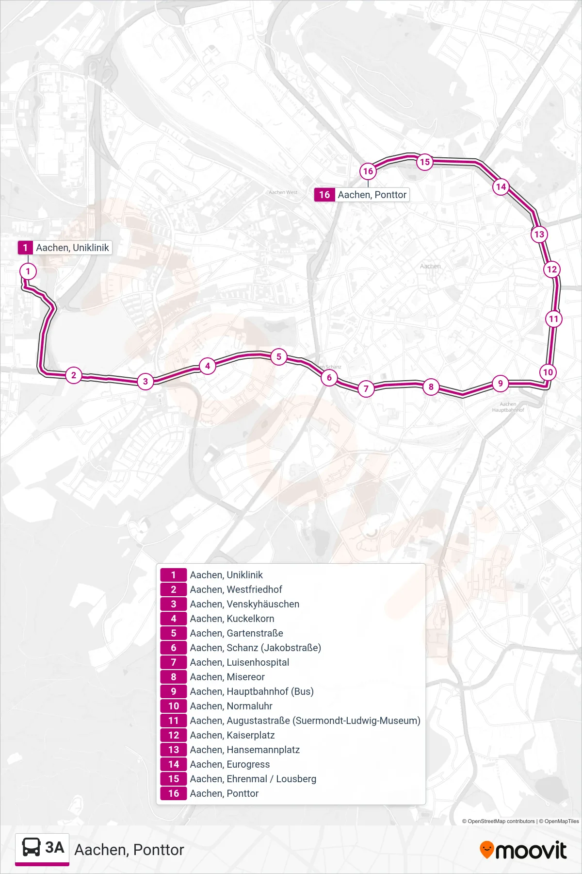 Linie 3A (Bus) Richtung Aachen, Ponttor: Route und Haltestellen auf der Karte