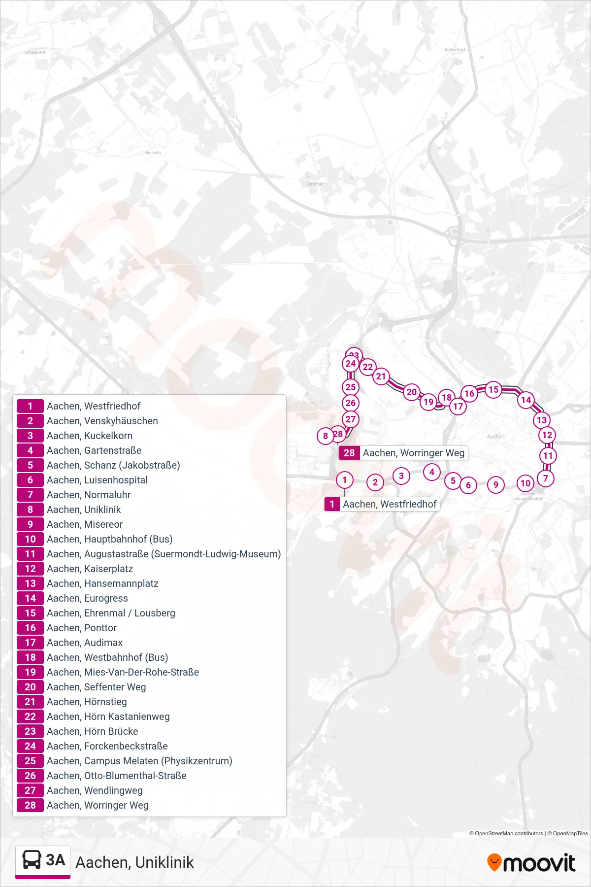 Linie 3A (Bus) Richtung Aachen, Uniklinik: Route und Haltestellen auf der Karte