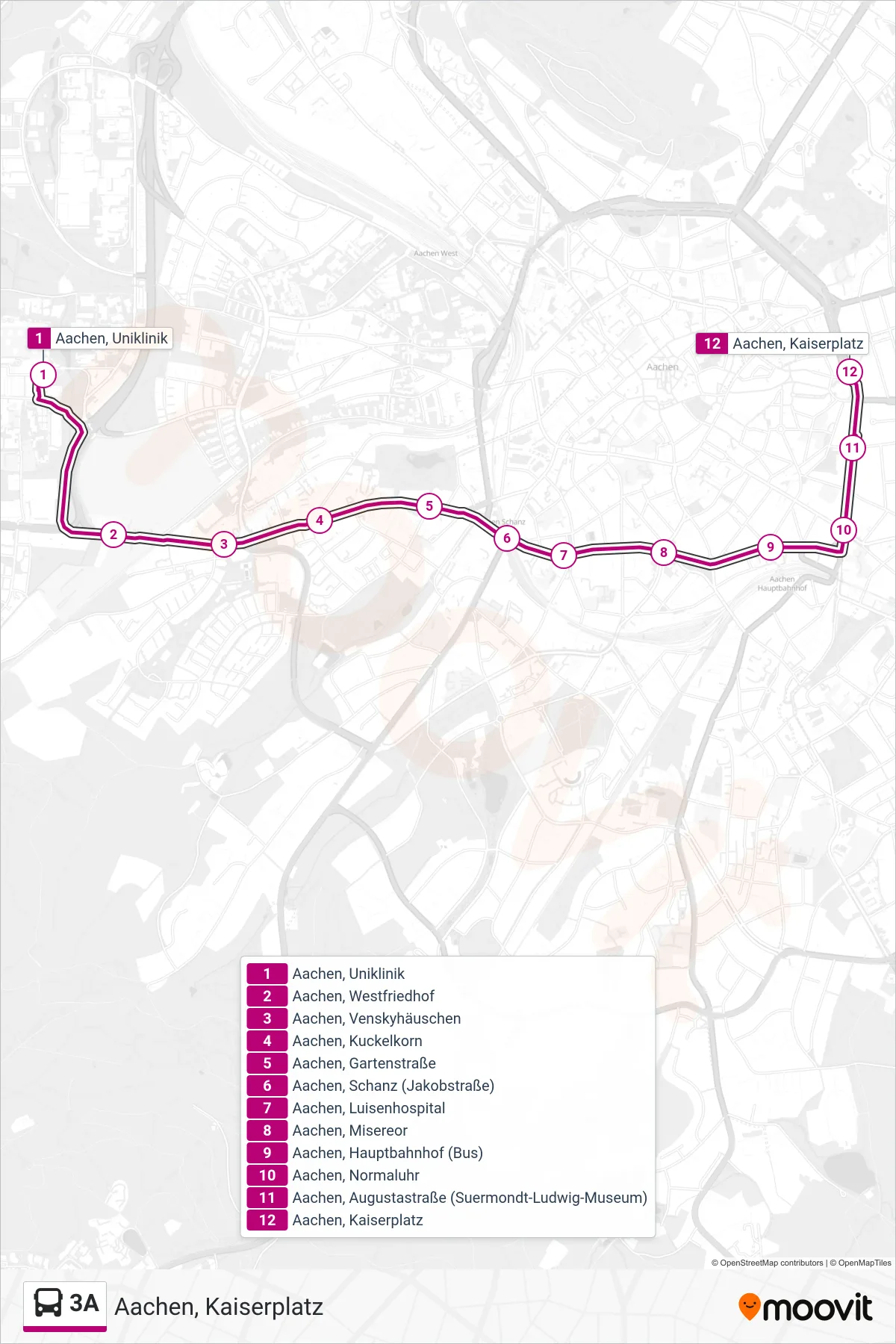 Linie 3A (Bus) Richtung Aachen, Kaiserplatz: Route und Haltestellen auf der Karte