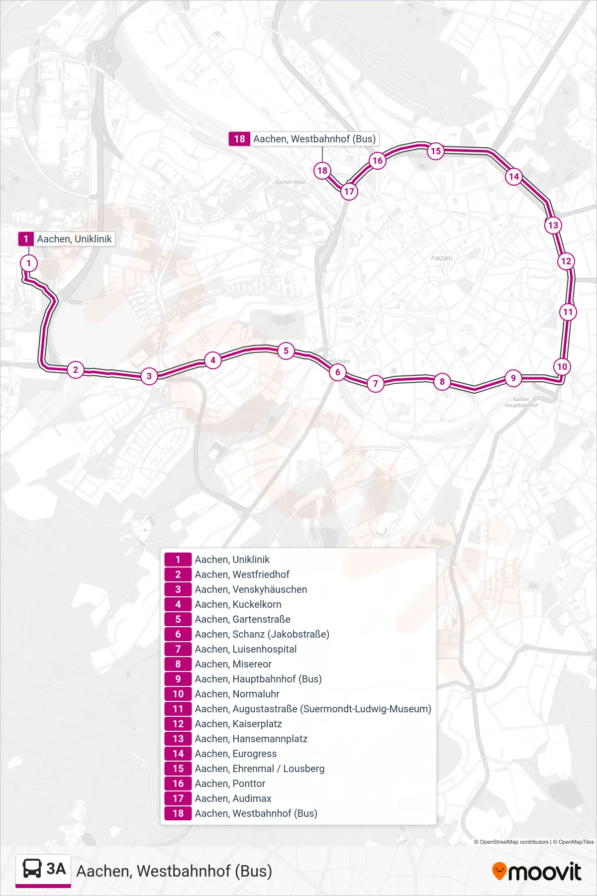 Linie 3A (Bus) Richtung Aachen, Westbahnhof (Bus): Route und Haltestellen auf der Karte