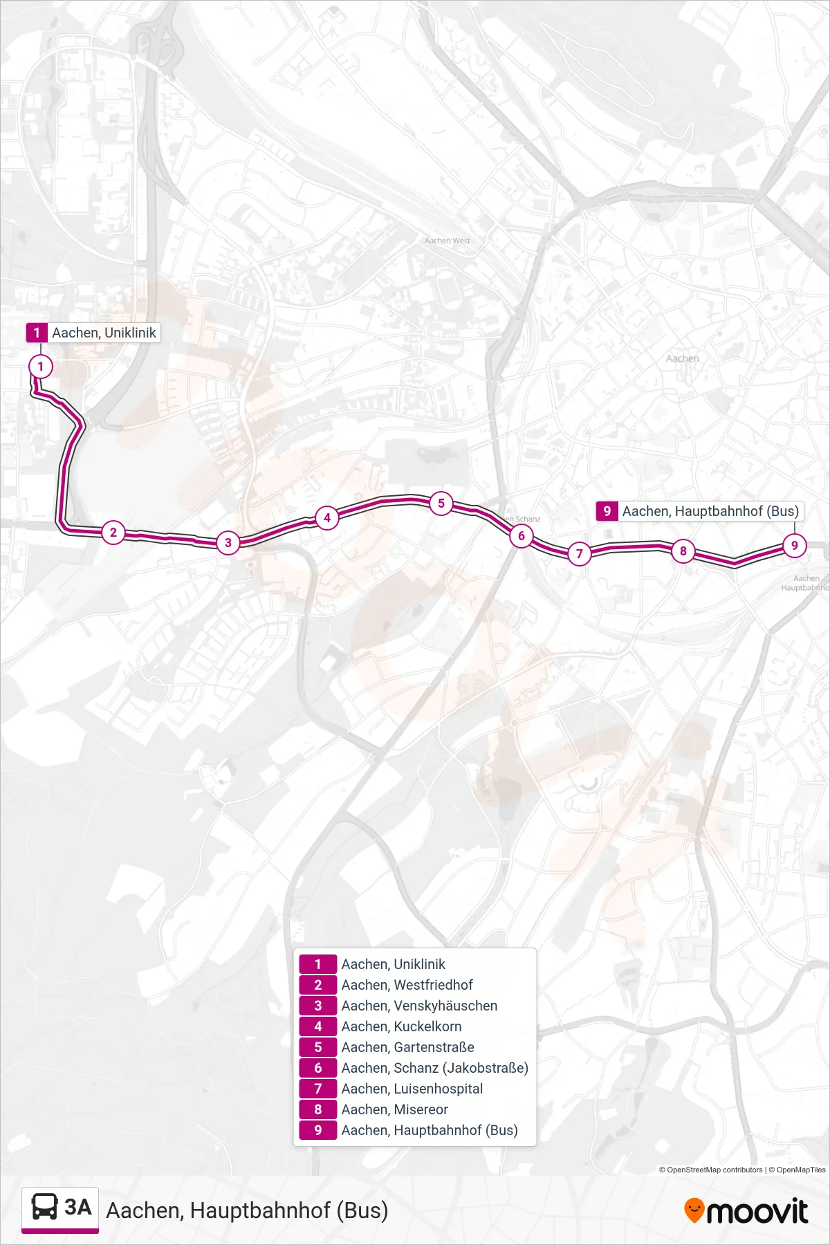 Linie 3A (Bus) Richtung Aachen, Hauptbahnhof (Bus): Route und Haltestellen auf der Karte