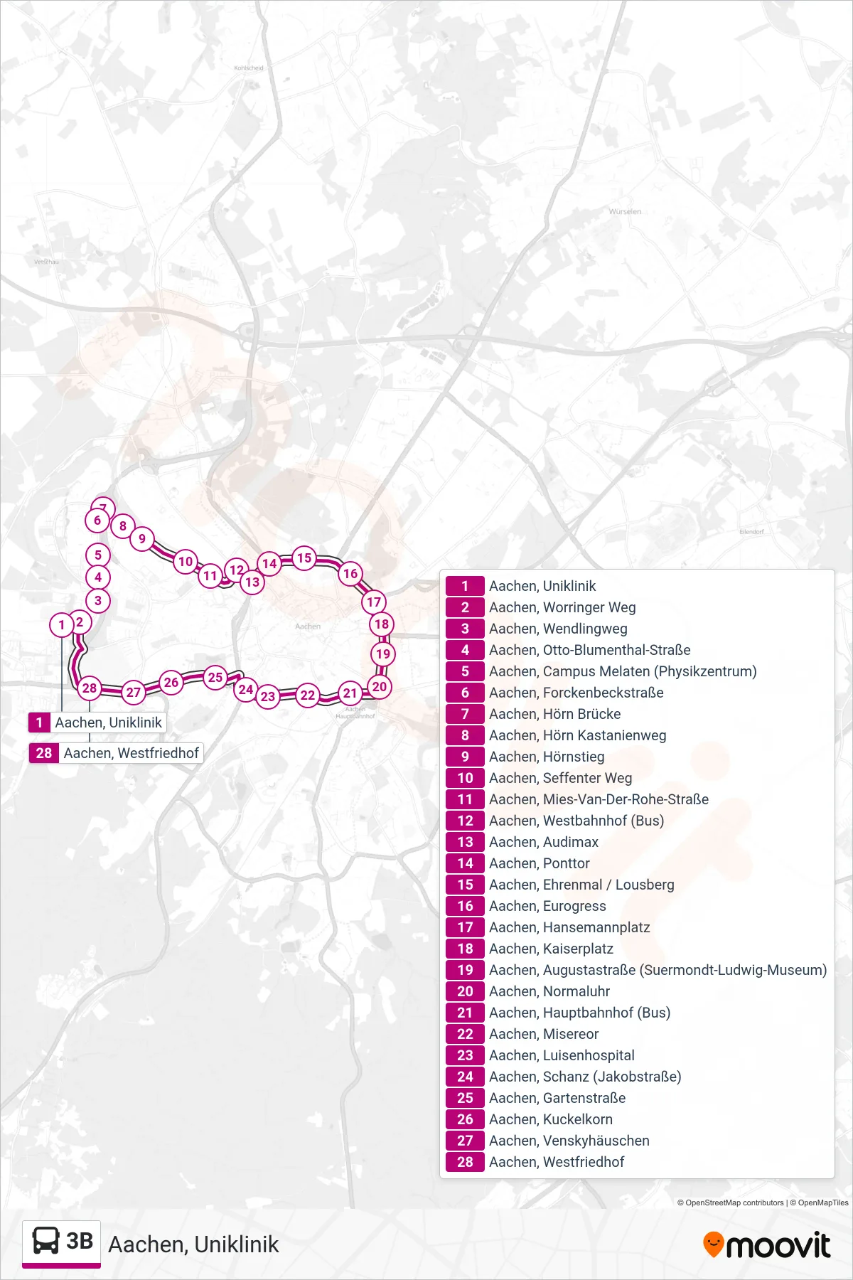 Linie 3B (Bus) Richtung Aachen, Uniklinik: Route und Haltestellen auf der Karte