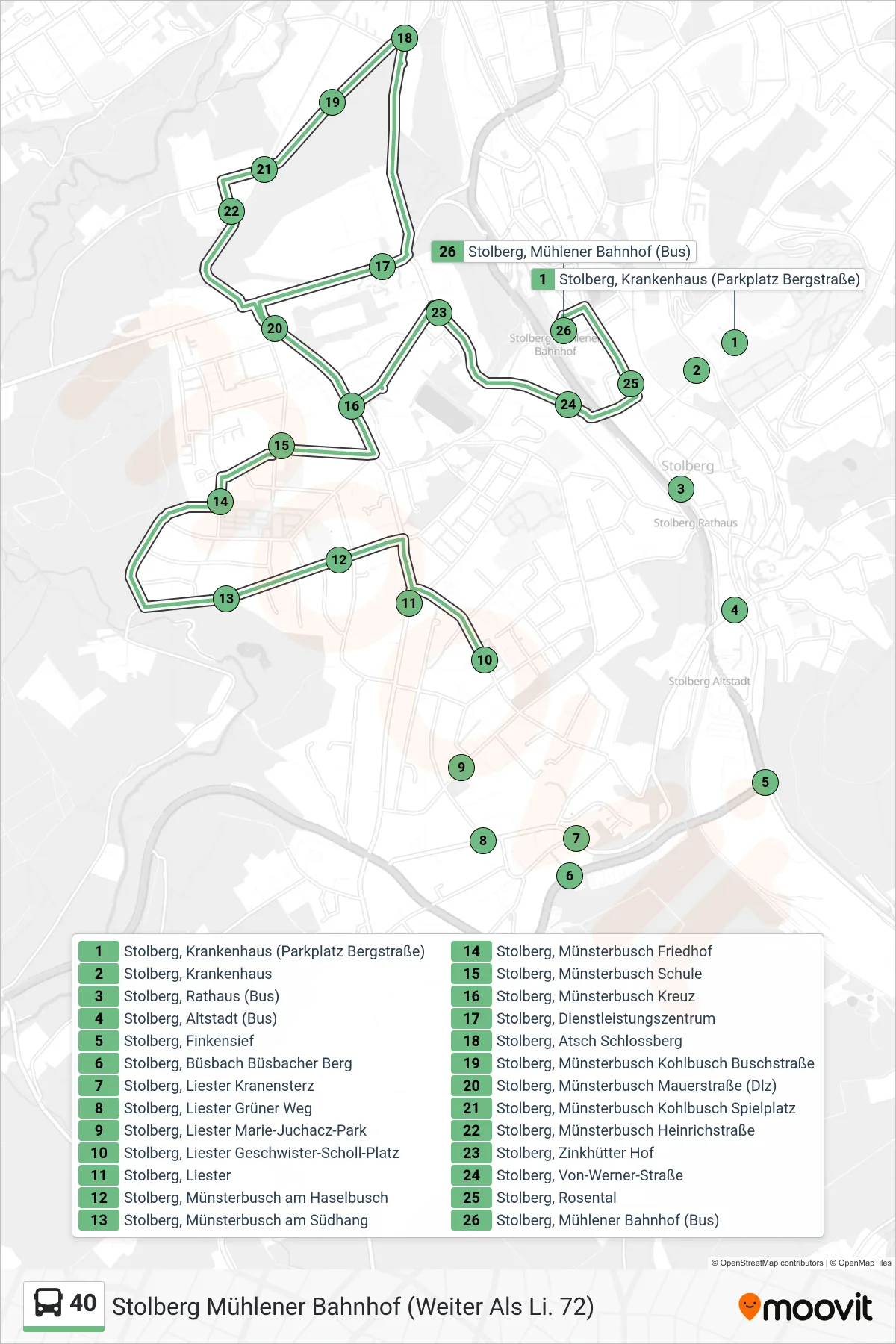 Linie 40 (Bus) Richtung Stolberg Mühlener Bahnhof (Weiter Als Li. 72): Route und Haltestellen auf der Karte