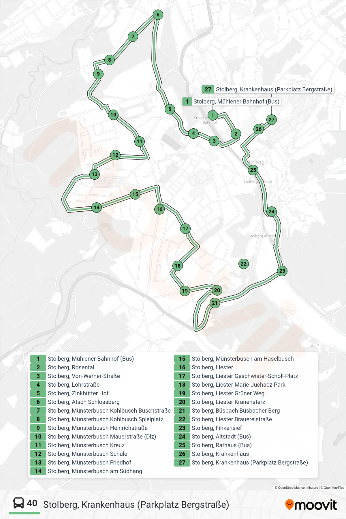 Linie 40 (Bus) Richtung Stolberg, Krankenhaus (Parkplatz Bergstraße): Route und Haltestellen auf der Karte