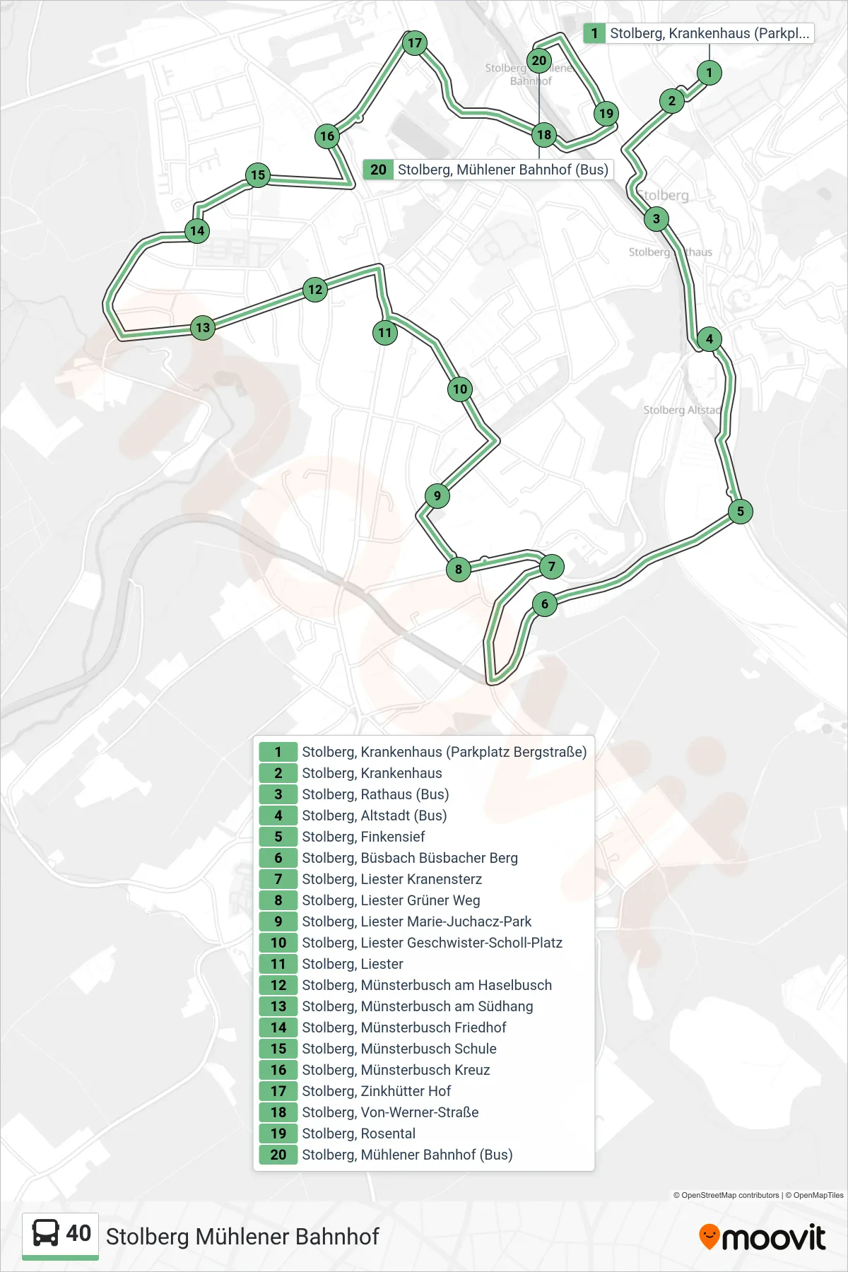 Linie 40 (Bus) Richtung Stolberg Mühlener Bahnhof: Route und Haltestellen auf der Karte