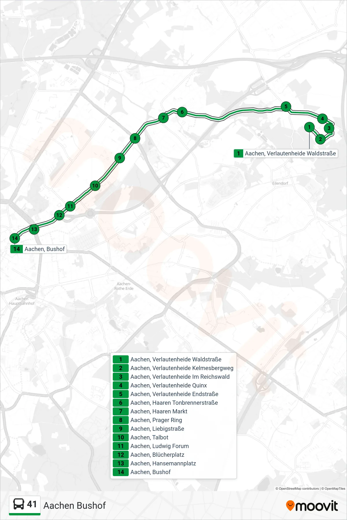 Linie 41 (Bus) Richtung Aachen Bushof: Route und Haltestellen auf der Karte