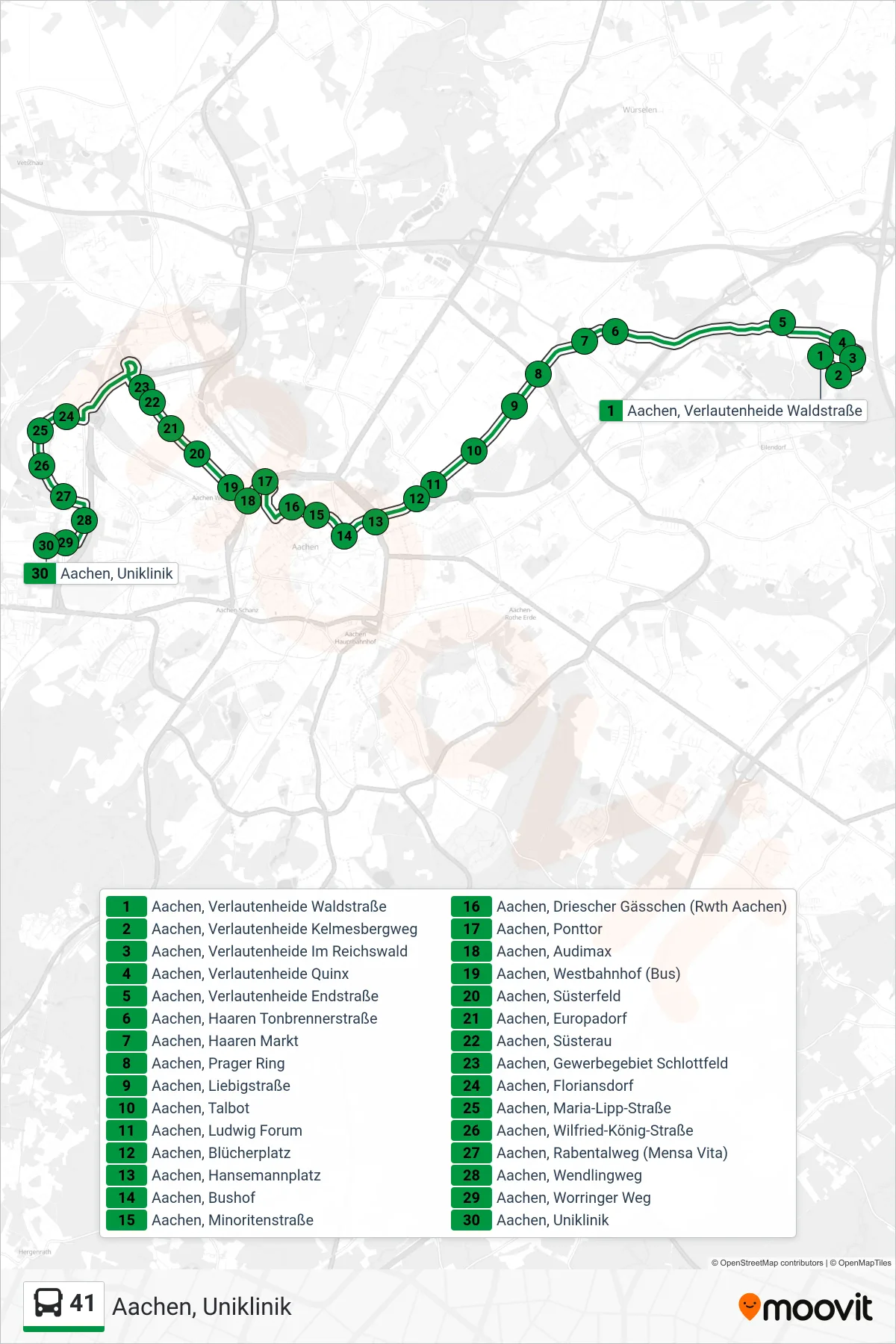 Linie 41 (Bus) Richtung Aachen, Uniklinik: Route und Haltestellen auf der Karte